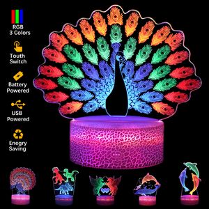 Luci notturne 3D Colorate 3 lastre acriliche Multi forma Base LED Lampada Gioco Musica Pallacanestro Pavone Animale Amore Luce per bambini Decorazione negozio stanza dei regali