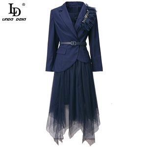 Sonbahar Kadınlar Yüksek Sokak Etekler Takım Elbise Moda Tasarımcı Lady Zarif Mavi Uzun Ceket Ve Midi Etek 2 Parça Setleri 210522