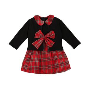 6 M-5Y Noel Yürüyor Çocuk Kız Giyim Seti Sonbahar Kış Uzun Kollu Ceket Kırmızı Ekose Yay Elbise Çocuk Kız Noel 210515