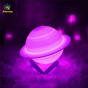 3D Printing Saturn Lamp 16 Цветов Луна Ночной свет 13 см 15 см 22см USB аккумуляторная сенсорная планета прикроватные лампы с подставкой для украшения дома