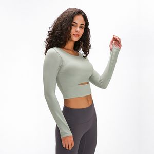 L-2032 Kırpılmış Gömlek Slim Fit Tişörtü Bardaklı Koşu Kıyafeti Uzun Kollu Yoga Üstleri Açık Spor Ceket Ceket Kadın Eğlence Hoodie Spor Giyim