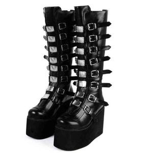 Marka Tasarım Kadın Takozlar Yüksek Topuklu Uyluk Yüksek Çizmeler Moda Siyah Platformu Çizmeler Kadın 2021 Gotik Cosplay Ayakkabı Kadın G1104