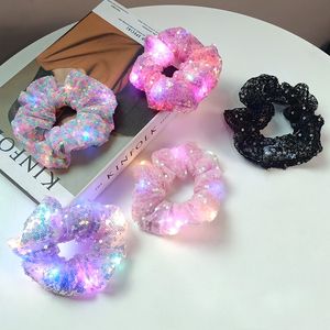 Girls LED Luminous Sequins Hair Scrunchies Hairband Ponytail Holder Headwear Solid Color Elastic Hairbands 20pcs