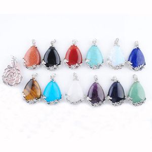 Atacado natural Gemstone Teardrop Pingente de Metal Flor de Metal Gota de Água Rosa Quartzo Lapis Cristal Opala Turquesa Ágata Mulheres Je