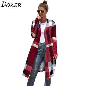 Outono inverno xadrez fina fina de malha longa mulheres manga comprida plus size vintage cardigans feminino casaco de malha 210918