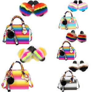 Femininas peludos corrediças coloridos arco-íris bolsa de ombro sapatos senhoras raposa peles chinelos combinando bolsas sandálias de pelúcia bolsa feminina x0925