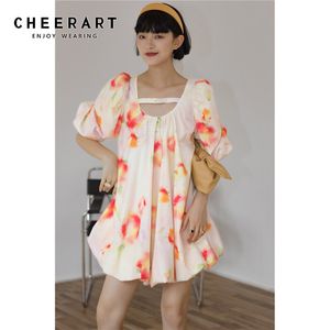 Kabarık Puf Kollu Çiçek Baskı Yaz Elbise Pembe Backless Kısa Tasarımcı Mini Sevimli Kore Tarzı 210427
