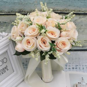 Elegant Artificial Rose Wedding Bouquet - Pink, White & Champagne Silk Flowers with Satin Ribbon for Bridesmaids and Bridal Party