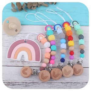 Baby Pacifier Chain Holders Infant Cartoon Beech Rainbow Pacifiers Clips Newborn Feeding Natural Wooden Silicone Beads Teething Teeth Practice Toys