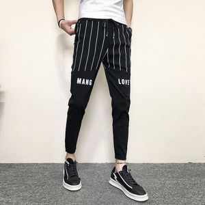 İlkbahar Yaz Kore Slim Fit Gerilmiş Harem Pantolon Erkekler Giyim 2021 Basit Ayak Bileği Uzunluğu Rahat Joggers Çizgili Pantolon 36 erkek