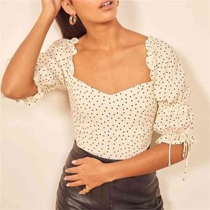 Puf Kol Polka Dot Bluz Tops Chic Backless Ince Tunik Kırpma Fırfır Yaz Moda Blusa Feminina 210427