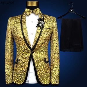Altın Takım Elbise Son Ceket Pantolon Tasarım Pus Boyutu 4XL 5XL 6XL Kostüm Homme Düğün Takım Elbise Erkekler için Sahne Takım Elbise Smokin Altın Gümüş Mavi X0909