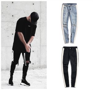 Jeans Masculino Man Side Stripe Zíper Designer INS Stretch Broken Hole Black Blue Hip Hop Roupas Esportivas Cintura Elástica Joggers Calças Moda Streetwear