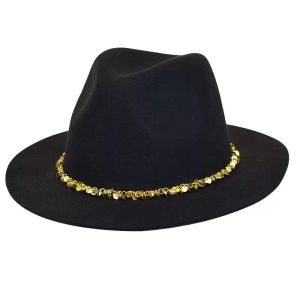 Geniş Brim Şapka Yün 100% Fedora Kadın Altın Sequins Kemer Fransız Tarzı Panama Moda Şapka Caz Kapağı Toptan