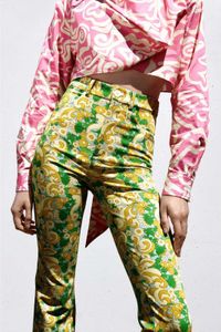 2021 kadın Pantolon Vintage Yeşil Çiçek Baskılı Yüksek Bel Pantolon Kadın Düğme Yaz Geniş Bacak Düz Kadın Pantolon Q0801
