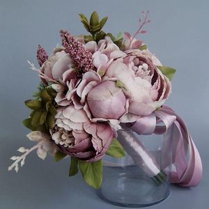 Düğün Çiçekleri Avrupa Vintage Gelin Buketi Yapay Tozlu Şakayık Sahte Etli Bitki Dantel Şerit Nedime Parti