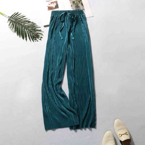 Summer Wide Leg Pants For Women Casual Elastic High Waist Fashion Loose Long Pants Pleated Pant Trousers Femme 210518