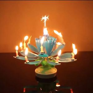 Velas musicais de plástico camada dupla 14 velas giratórias de lótus música de feliz aniversário para crianças festa de aniversário flor brilhante topo de bolo de lótus ZL0660