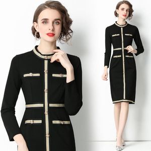 Günlük Elbiseler Kadınlar Vintage Uzun Kollu Altın Düğmeler Deco Fermuar Parti Vestidos Sonbahar Kış Zarif Siyah Kontrast Bodycon Seksi Elbise 7