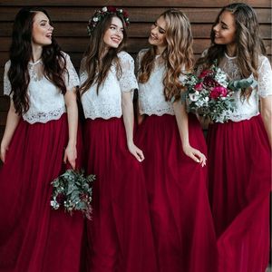 Beyaz Bordo Gelinlik Modelleri Iki Parçalı Kısa Kollu Dantel Bir Çizgi Kat Uzunluk Uzun Düğün Parti Elbise
