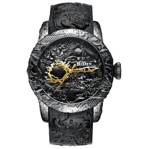 Saatı Yaratıcı 3D Heykel Dragon Erkekler İzle Lazer Kazıma Oyma Altın Siyah Deri Bant Reloj Negro Hombre Erkek Bilek Saatler