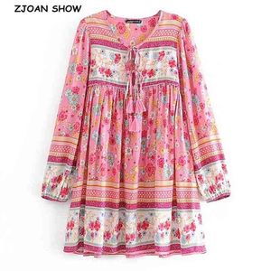 Boho tassel lacing up v pescoço localização flor impressão curta vestido rosa mulher étnica thrappy manga longa feriado vestidos praia 210429