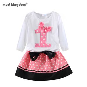 Mudkingdom Kızlar Doğum Günü Kıyafetleri Polka Dots Dijital Desen Şerit Uzun Kollu Elbise Takım Elbise 210615