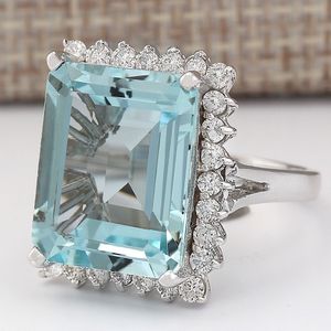 Kare Deniz Mavi Avusturyalı Kristal Aquamarine Topaz Gemstones Diamonds Yüzükler Kadınlar Için 18 K Beyaz Altın Gümüş Renk Bague Takı