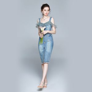 Moda Kadın Yaz Kot Elbise Nokta Örgü Patchwork Fırfır Jean es Seksi Straplez Vestidos 210520