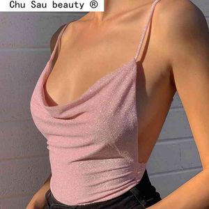 Moda Seksi Spagetti Sapanlar Kadın T-shirt Glitter Backless Gevşek Basit Kadın Tee Chrismas Parti Kıyafetleri 210508