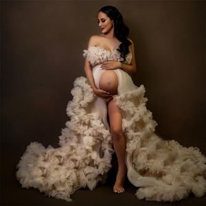 V Boyun Ruffles Hamile Kadınlar için Gelinlik Modelleri Ön Bölünmüş Abiye Hamile Elbisesi Fotoğraf Çekimi için