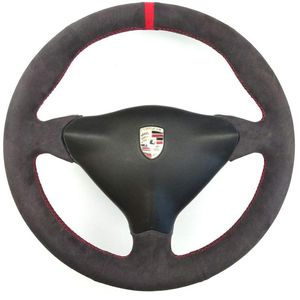 DIY All Black Suede Leather Steering Wheel Red Stitch on Wrap Cover Fit For Porsche 911 986 996 Carrera Boxster S 1998-2004