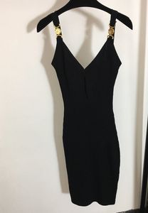 Vestidos femininos sensuais para passarela, decote em V, sem mangas, malha, fino, de alta qualidade, feminino, botão dourado, longo, roupas de festa Milan MY1