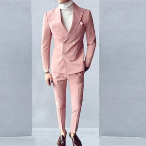 Kruvaze Damat Düğün Smokin Mens Takım Elbise 2 Parça Pembe Uzun Kollu Slim Fit Yakışıklı Adam Resmi Giyim Erkek Blazer Custom Made