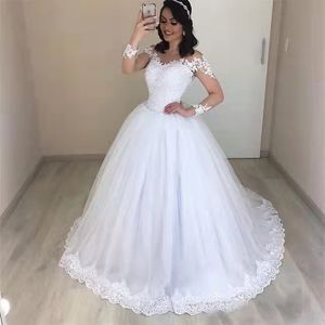 2022 Einfache Langarm Ballkleid Brautkleider Applikationen Spitze Illusion Ausschnitt Prinzessin Braut Brautkleider Bodenlangen Vestidos De Novia