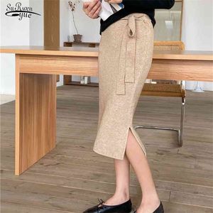 Bahar Moda Vintage H-Line Etek Sonbahar Kadınlar Yüksek Bel Etekler Dantel-up Katı Örme Kalça Diz Boyu Jupe Femme 210510