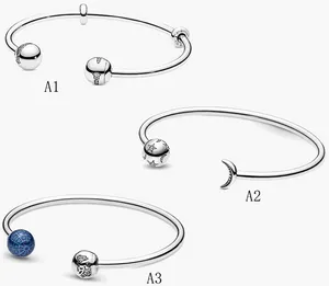 Güzel Takı Otantik 925 Ayar Gümüş Boncuk Fit Pandora Charm Bilezikler Mavi Dünya Açık Bilezik Yıldız Ay Açık Güvenlik Zinciri Kolye DIY Boncuk