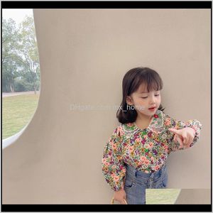 Giyim Bebek Çocuk Annelik Bırak Teslimat 2021 Kore Tarzı Bahar Küçük Kızlar Çiçek Nakış Örgü Yaka Gömlek Bebek Çocuk Retro Uzun S