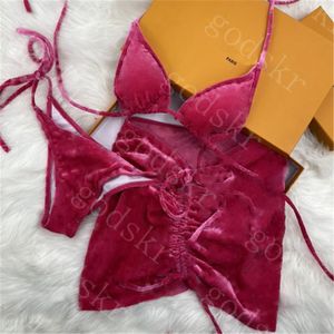 Velvet Womens Mayo Bikini Üç Parça Jakard Mektup Mayo Takım Dış Mekan Partisi Cazibesi Bayanlar Yüzme Elbisesi