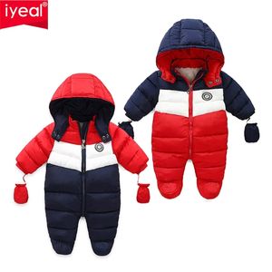 Iyeal Doğan Bebek Snowsuit Çocuk Bebek Kış Coat Sıcak Liner Kapşonlu Fermuar Tulum Erkek Kız Ördek Aşağı Dış Giyim Tulum 210826