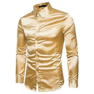 İpek Gömlek Erkekler Saten Pürüzsüz Erkekler Katı Smokin Erkekler Için Iş Gömlek Casual Slim Fit Parlak Altın Gelinlik Gömlek 210610