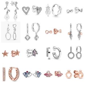 NOVO 100% 925 Prata Esterlina fit pandora Brincos ouro rosa estrela amor Ear Studs charm Beads Fit Original DIY Dangler Atacado fábrica