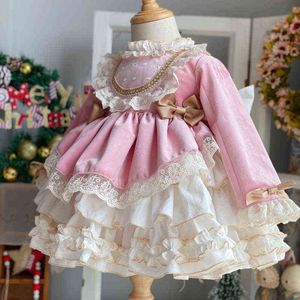 Bebek Kız Sonbahar Kış Kadife Vintage İspanyolca Ponpon Balo Prenses Lolita Elbise Çocuk Kız Noel Doğum Günü Elbise G1218
