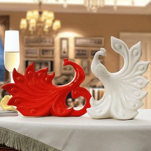 Dekoratif Nesneler Figürinler Yaratıcı Seramik Kırmızı / Beyaz Tavuskuşu Süsler Bir Çift Porselen Tavuskuşu Dekorasyon Zanaat Düğün Hediyesi Si olarak