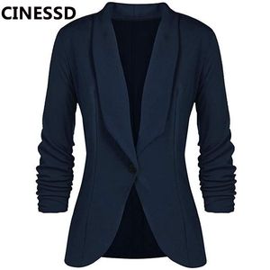 Kadın Takım Elbise Blazers Cinessd Ofis Lady Ceket Katı Uzun Kollu Hırka Düğmesi Rahat Suit Donanma Mavi Draped Ince Pamuk Kadın Blazer Ja