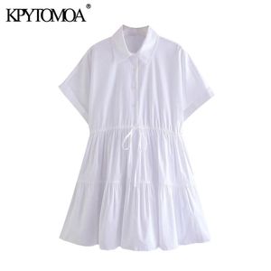Kadınlar Tatlı Moda Ayarlanabilir Bağlı Beyaz Mini Elbise Vintage Kısa Turn-Up Kollu Kadın Elbiseler Vestidos 210416