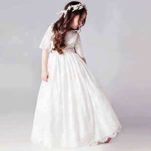 Çocuklar Kızlar için Uzun Beyaz Elbiseler Prenses Zarif Düğün Konuk Çocuk Nedime Dantel Elbise Parti Abiye Kıyafeti 3 12 14 Yıl G1218