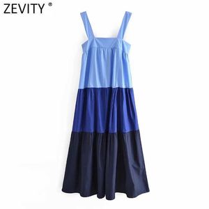 ZEVITY Kadınlar Vintage Mavi Patchwork Rahat Pleats Sling Elbise Femme Chic Retro Geri Elastik Poplin Boho Midi Vestido DS8505 210603