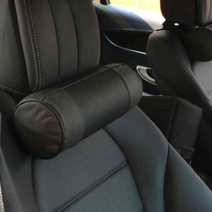 Memory Foam Car Neck Pillow Genuine Leather Auto Cervical Round Roll Office Chair Bolster Headrest Supports Cushion Pad Black