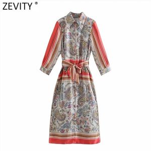 Kadınlar Vintage Kırmızı Çizgili Patchwork Totem Çiçek Baskı Yay Sashes Gömlek Elbise Kadın Chic Yan Bölünmüş Ince Vestidos DS8138 210416